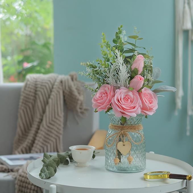 Artificial Flowers in Glass Vase, Pink Silk Roses, 14.5 Inch Tall
