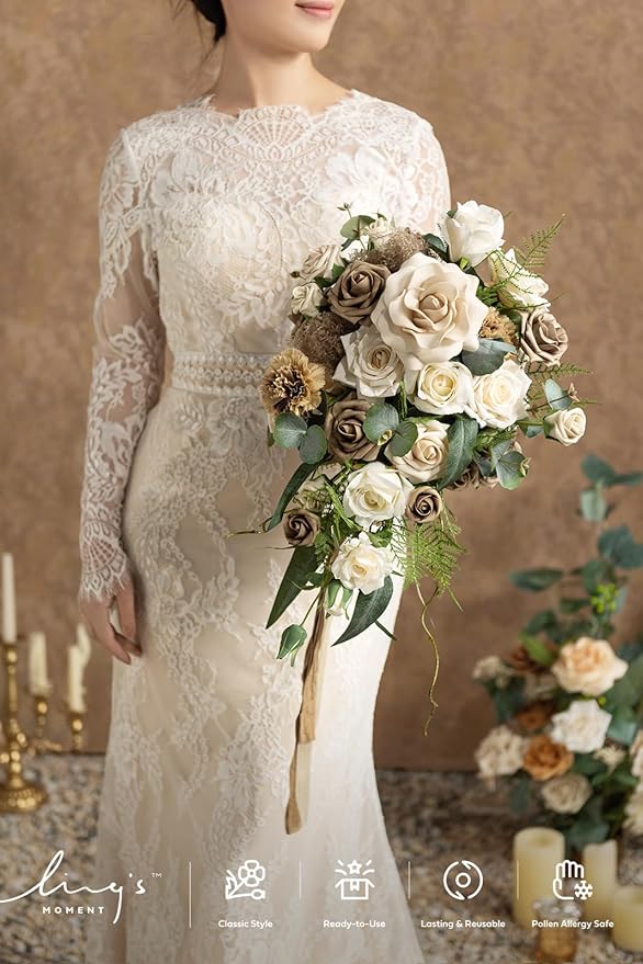 Artificial Cascade Bridal Bouquet, Brown Beige Silk Flowers, 13 x 20 in