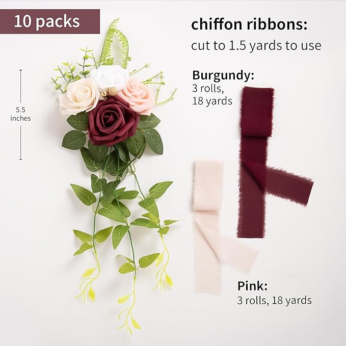 Artificial Flowers Burgundy Wedding Pew Flower Set of 10