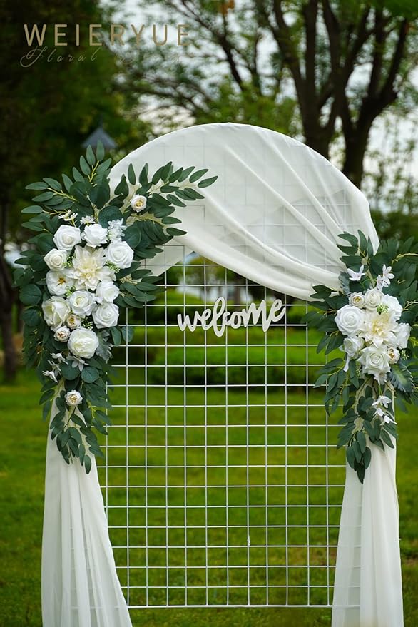 Artificial Flowers Wedding Arch Kit, White Rose Swags with Chiffon Drape