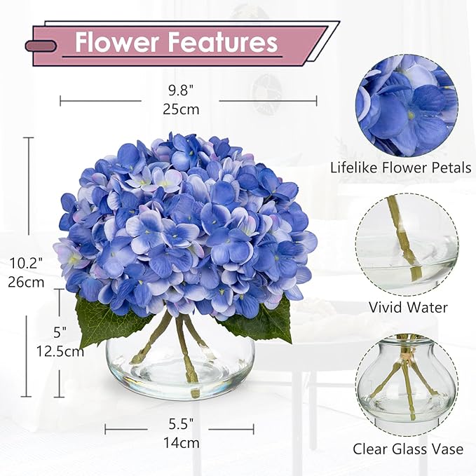 Artificial Hydrangea Flowers with Glass Vase, Slate Blue Silk, 4 Heads