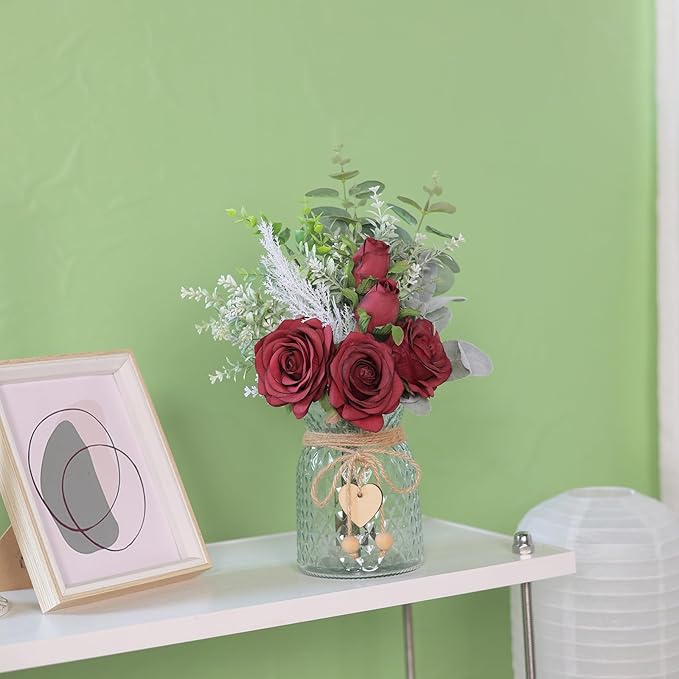 Artificial Flowers in Glass Vase, Burgundy Silk Rose Arrangement