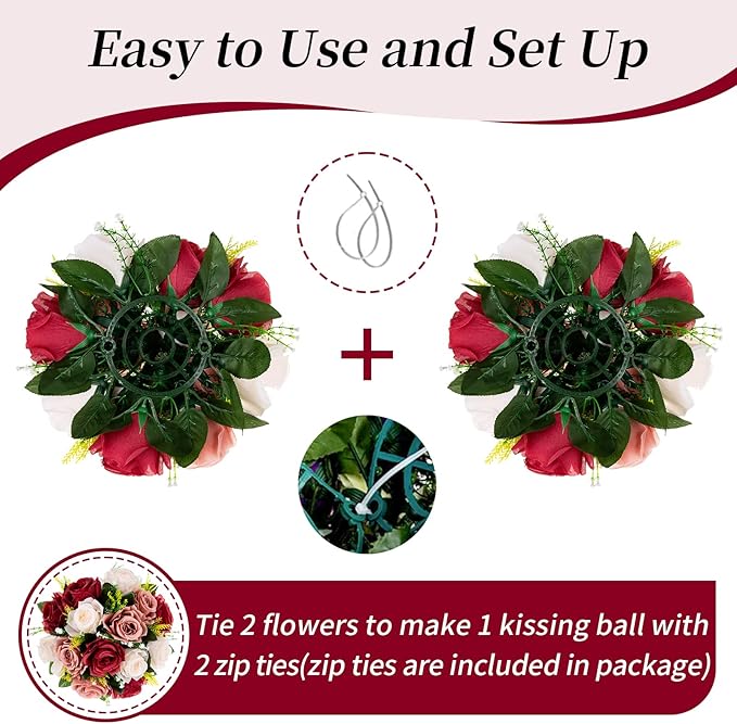 Artificial Flowers Centerpiece Ball, Burgundy Silk Roses, 3-in-1