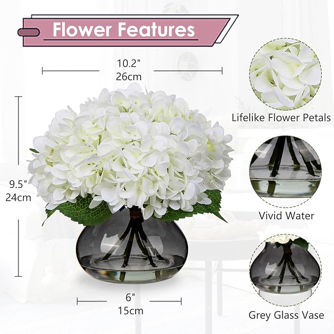 Artificial Hydrangea Flower Arrangement, White Silk with Glass Vase