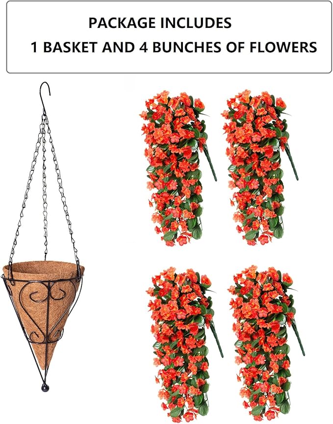 Artificial Flowers Hanging Basket, Faux Silk Orchid, Orange, 11 Inches Tall