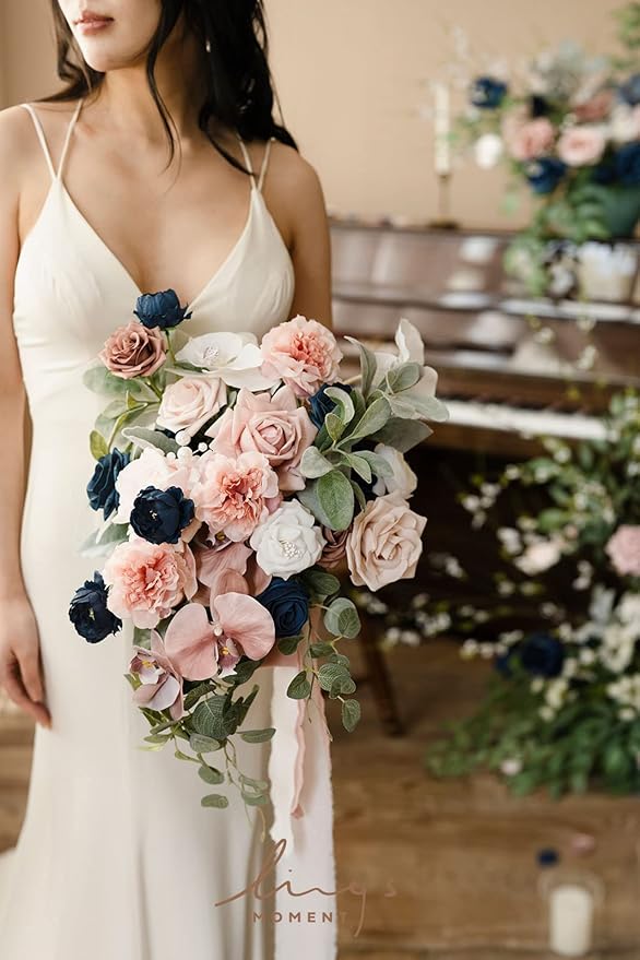 Artificial Flowers Bridal Bouquet, Dusty Rose and Navy Blue Cascade, 15 Inch