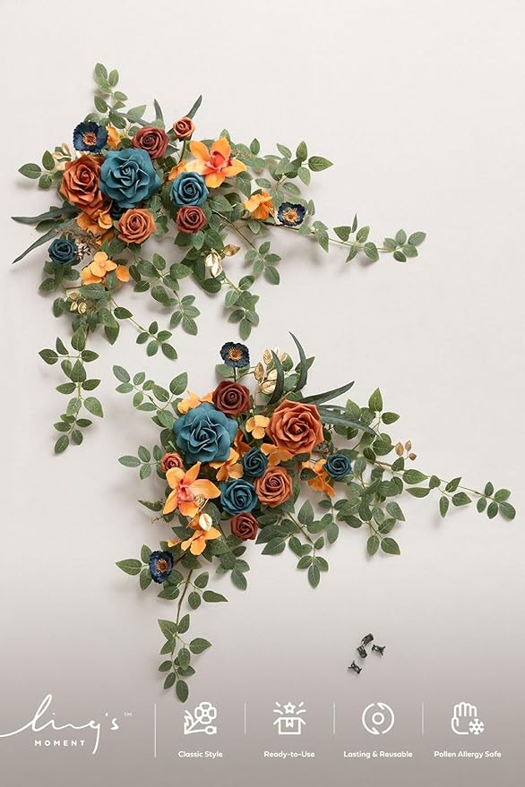 Artificial Greenery Floral Swag, 2 Pieces, Teal and Orange Wedding Sign Decor