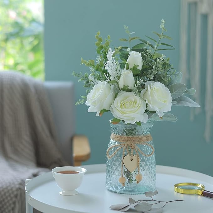Artificial Flowers with Glass Vase, 14.5-Inch White Silk Roses Bouquet