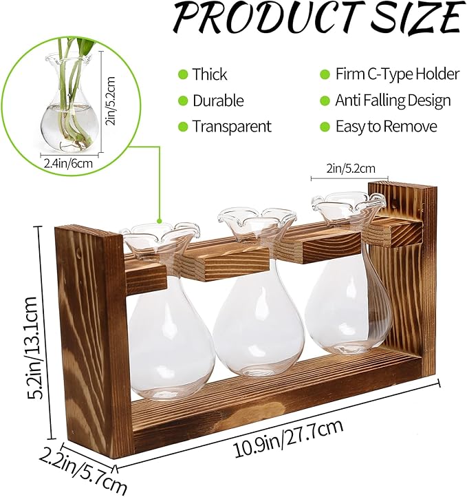 Terrarium Propagation Station with Three Glass Bulb Bottles and Wooden Stand