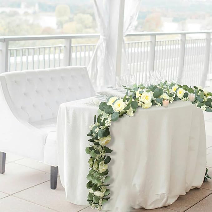 Artificial Eucalyptus Garland with Champagne Roses, 2 Pack