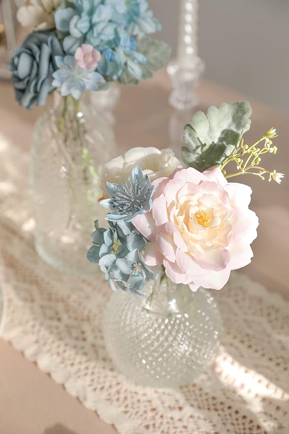 Artificial Flower Set in Blue and Pink, Faux Silk, 32 Heads and 40 Stems
