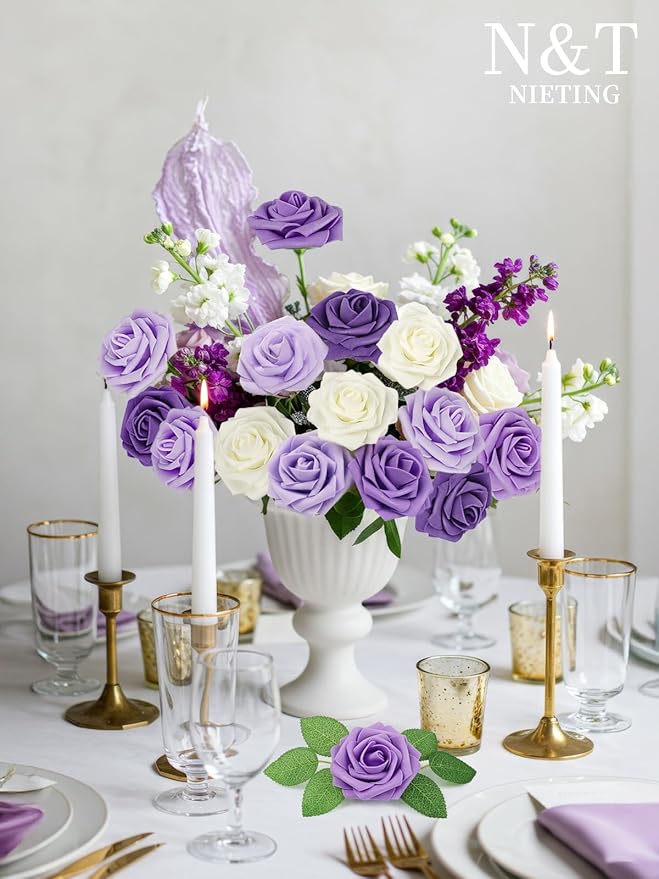 Artificial Flowers, 50 Purple Foam Roses with Stems and Leaves