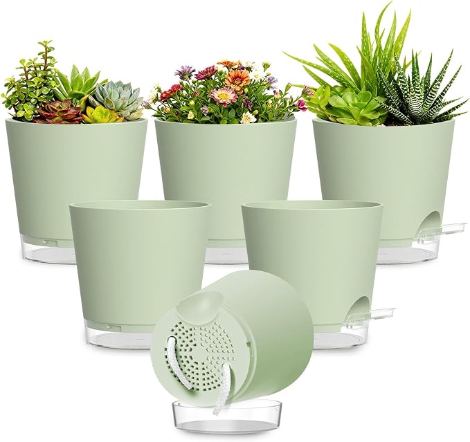 Plant Pots 6 Inch Self Watering Pots, 6 Pack Plastic Planters by SQKH