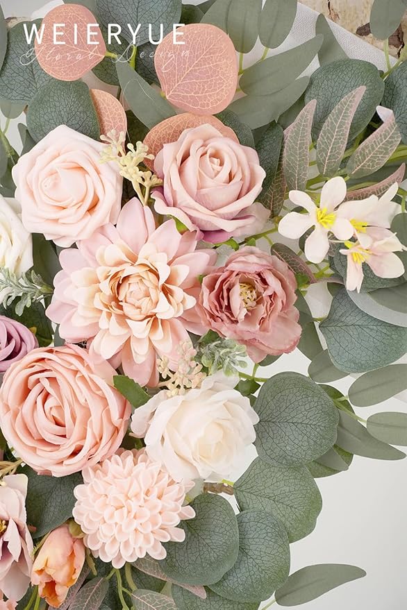Artificial Flowers Wedding Arch Kit, Romantic Pink with White Chiffon Drape