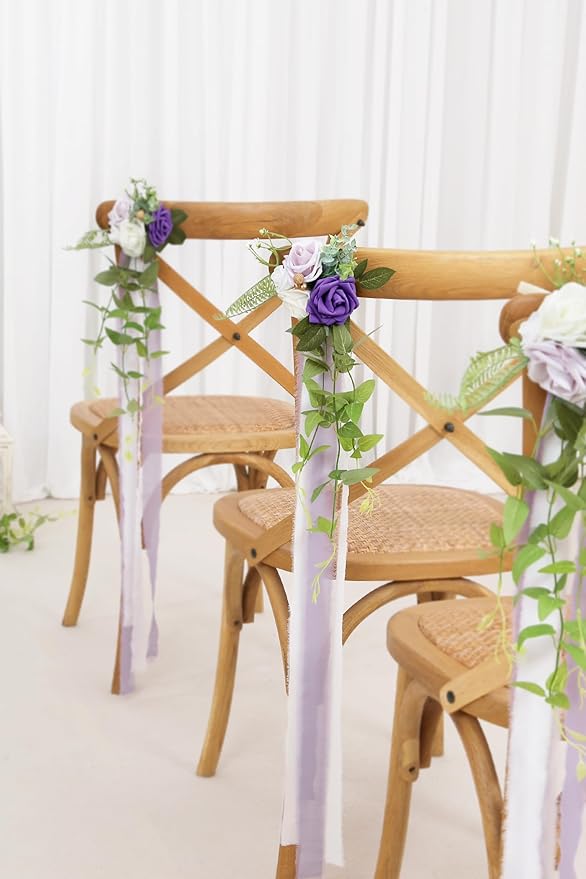 Artificial Flowers, Set of 10 Purple Rose Pew Decor for Aisle Chairs