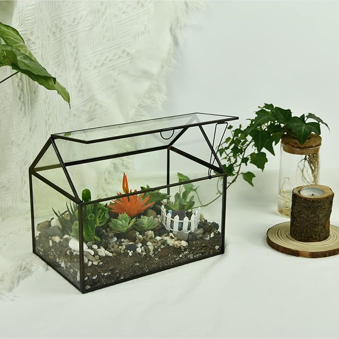 Terrarium, Large Black House-Shaped Glass Planter with Swing Lid