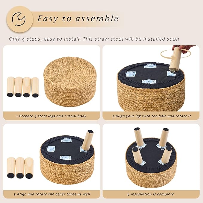 Handwoven Round Ottoman, Natural Water Hyacinth Outdoor Patio Pouf Seagrass Low - Image 8