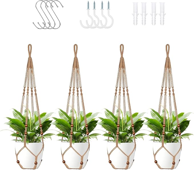 Jute Macrame Plant Hanger Indoor Set of 4 Hanging Planter Basket Flower Pot by Unknown
