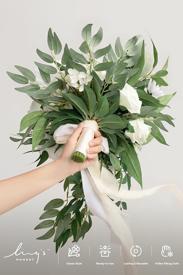 Artificial Flowers Bridal Bouquet, Ivory Silk Cascade with Pearls, 15in