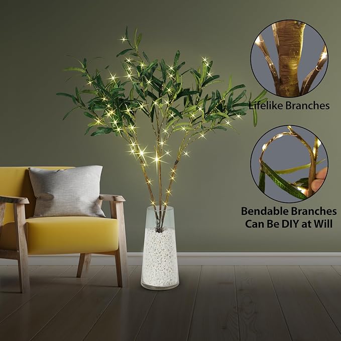 Artificial Olive Branch Greenery, 99 Warm White LEDs, 33-Inch