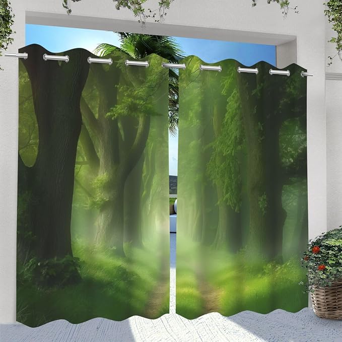 Forest Theme Outdoor Curtains for Patio Waterproof, Dawn Trees Jungle Pattern - Image 2