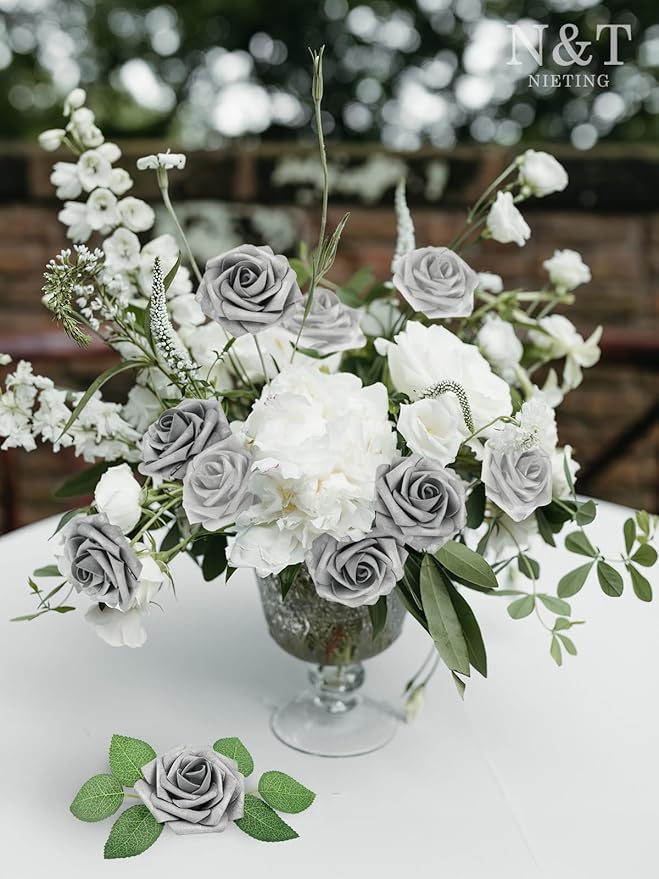 Artificial Flowers: 50 Foam Roses in Silver White and Silver Grey