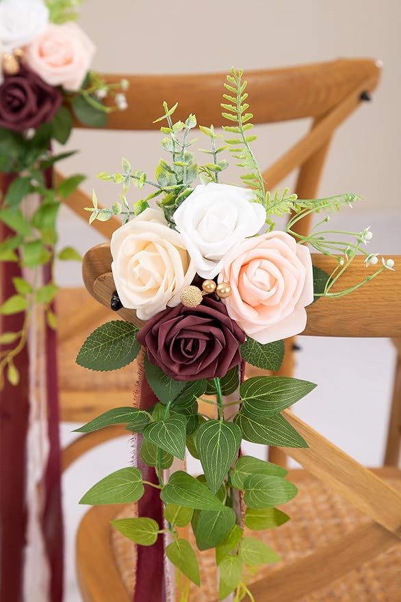 Artificial Flowers Burgundy Wedding Pew Flower Set of 10