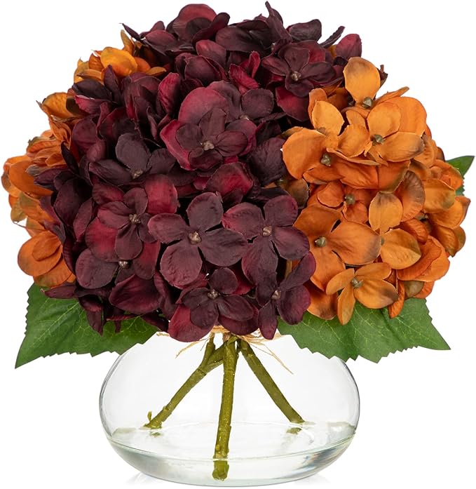 Artificial Hydrangea Flowers with Glass Vase, Red Silk Arrangement