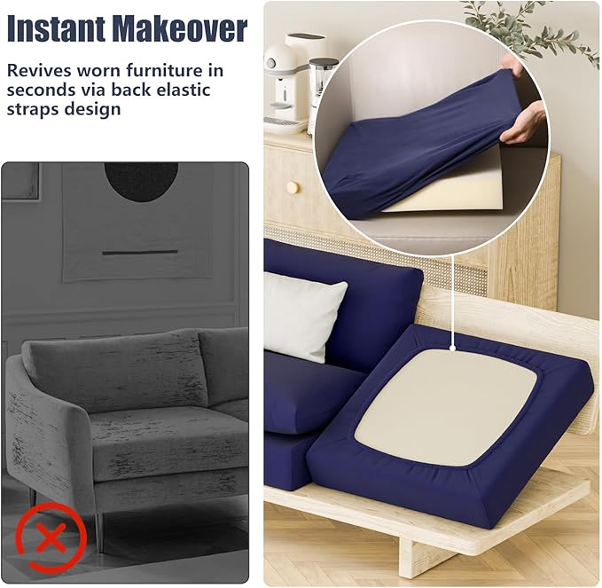 Cushion Covers, 8 Pack Navy Blue Stretch Patio Slipcovers with Elastic Straps