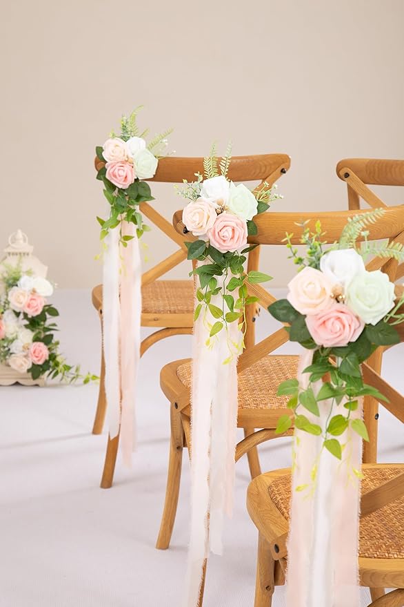 Artificial Pew Flowers, Pink Wedding Aisle Chair Decor, Set of 10
