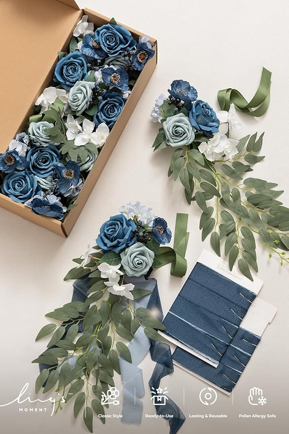 Artificial Pew Flowers, 8 Pieces, Dusty Blue and Navy Wedding Aisle Decor