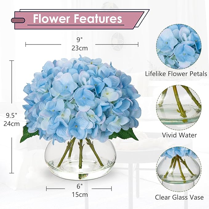 Artificial Flowers: Blue Silk Hydrangea Arrangement with Glass Vase