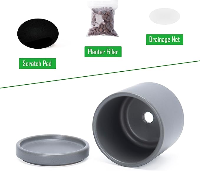 Planters: Small Round Gray Ceramic Pots with Saucers, Set of 4