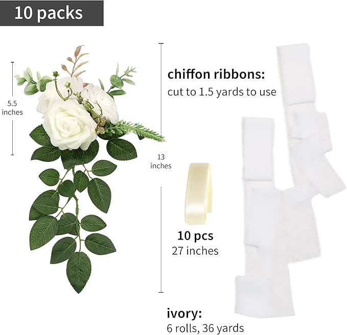 Artificial Rose Chair Flowers for Wedding Aisle, Set of 10 in White