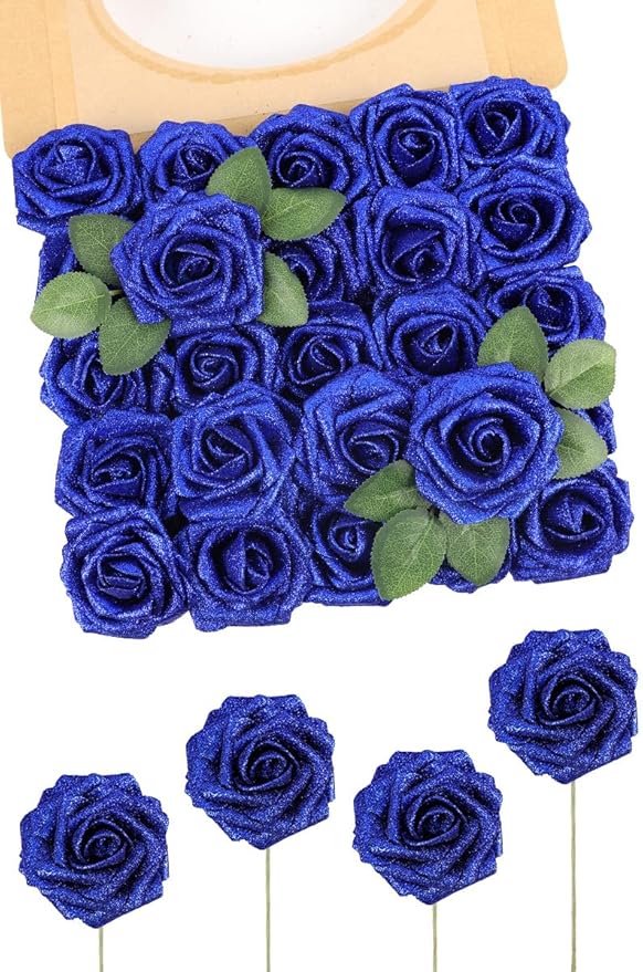 Artificial Flowers, 50 Glitter Blue Foam Roses with 8.2-Inch Stems