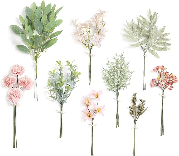 Artificial Greenery Stem Set, 47 Pieces in 9 Types, Pink and Green