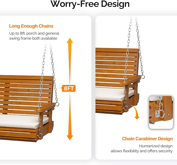 VINGLI Wooden Porch Swing, Heavy Duty 880 LBS Hanging Patio Bench - Image 3