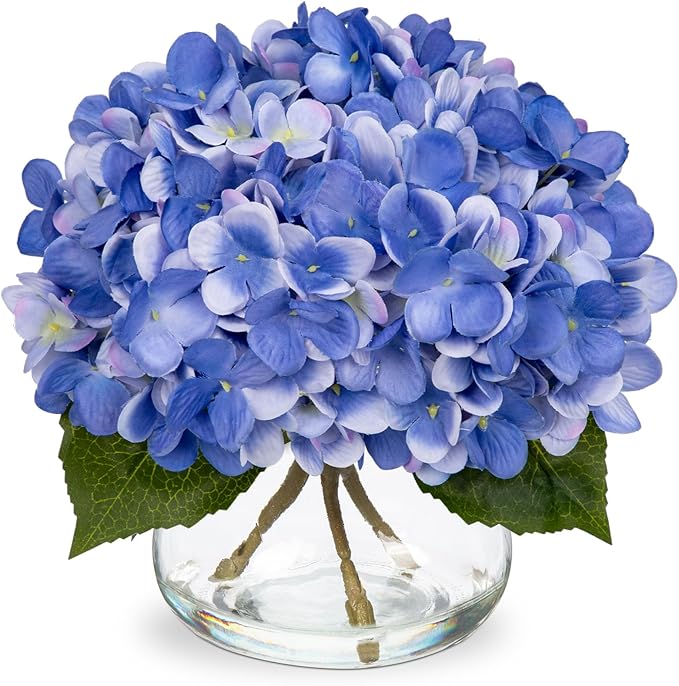 Artificial Hydrangea Flowers with Glass Vase, Slate Blue Silk, 4 Heads