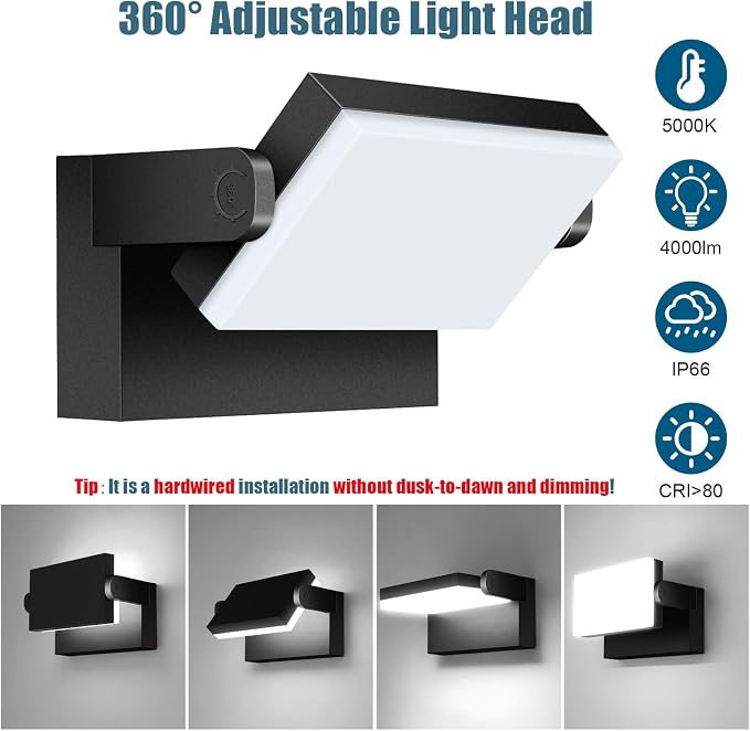 Flood Security Light 40W LED Wall Pack 4000 Lumens Black 2-Pack