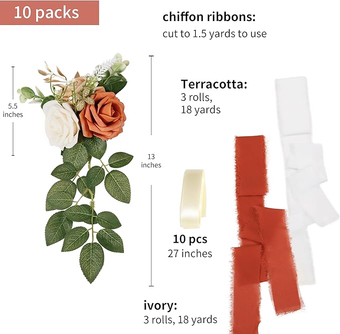 Artificial Flowers Set of 10 Terracotta Roses with 70cm Ribbon