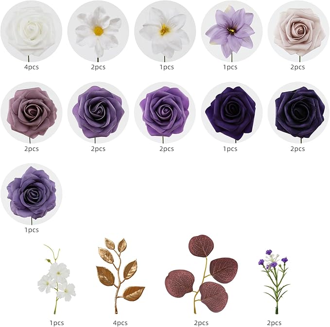 Artificial Flowers, Dark Purple Silk Mix with Roses and Eucalyptus