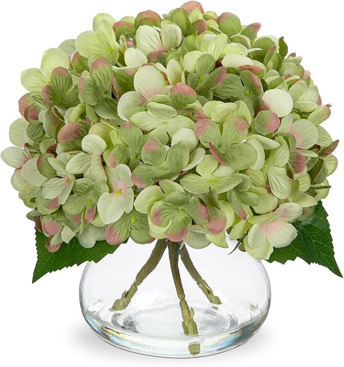 Artificial Flowers: Dark Green Silk Hydrangea Arrangement with Glass Vase