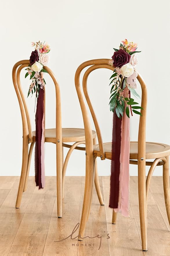 Artificial Rose Aisle Pew Flowers, 8 Pcs Marsala Blush Wedding Chair Decor
