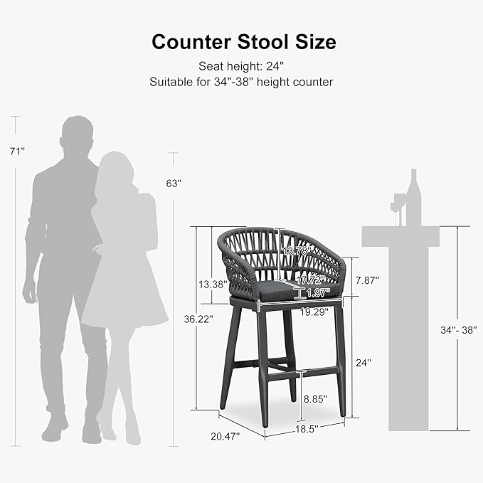 PURPLE LEAF Outdoor Rattan 24" Counter Height Bar Stools Chair Set of 2 - Image 3