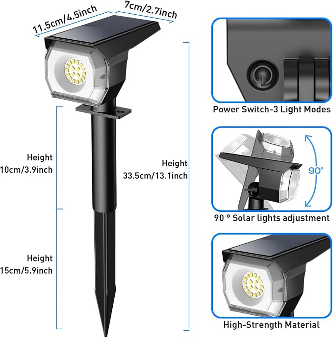 EIUIO Solar Outdoor Lights, 3 Lighting Modes Solar Spot Lights Outdoor - Image 2