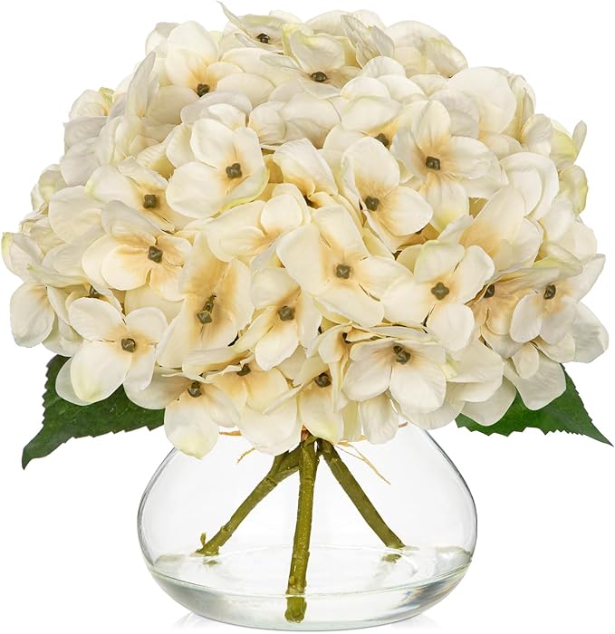 Artificial Hydrangea Flowers with Glass Vase, White Silk Fall Arrangement