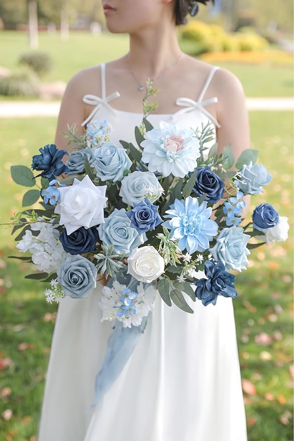 Artificial Flowers in Light and Navy Blue, Faux Silk and Foam Mix