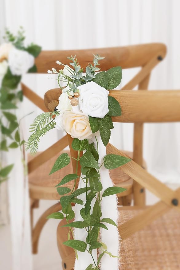 Artificial Rose Pew Flowers, Set of 10, White Wedding Aisle Chair Decor