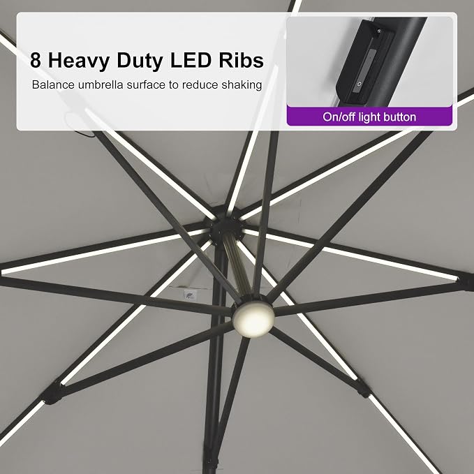 PURPLE LEAF 10 Feet Patio Umbrella Outdoor Cantilever Solar Powered LED Swivel - Image 6