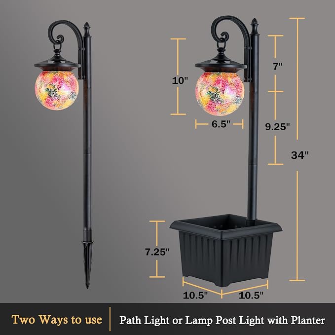 Solar Lamp Post Light with Planter, Matte Black Outdoor Flower Pots with Mosaic - Image 5
